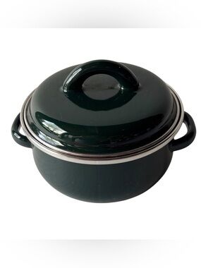 VTG .05 Qt. Megaware Spain Forest Green Enamelware Mini Cocotte Lidded Pot EUC